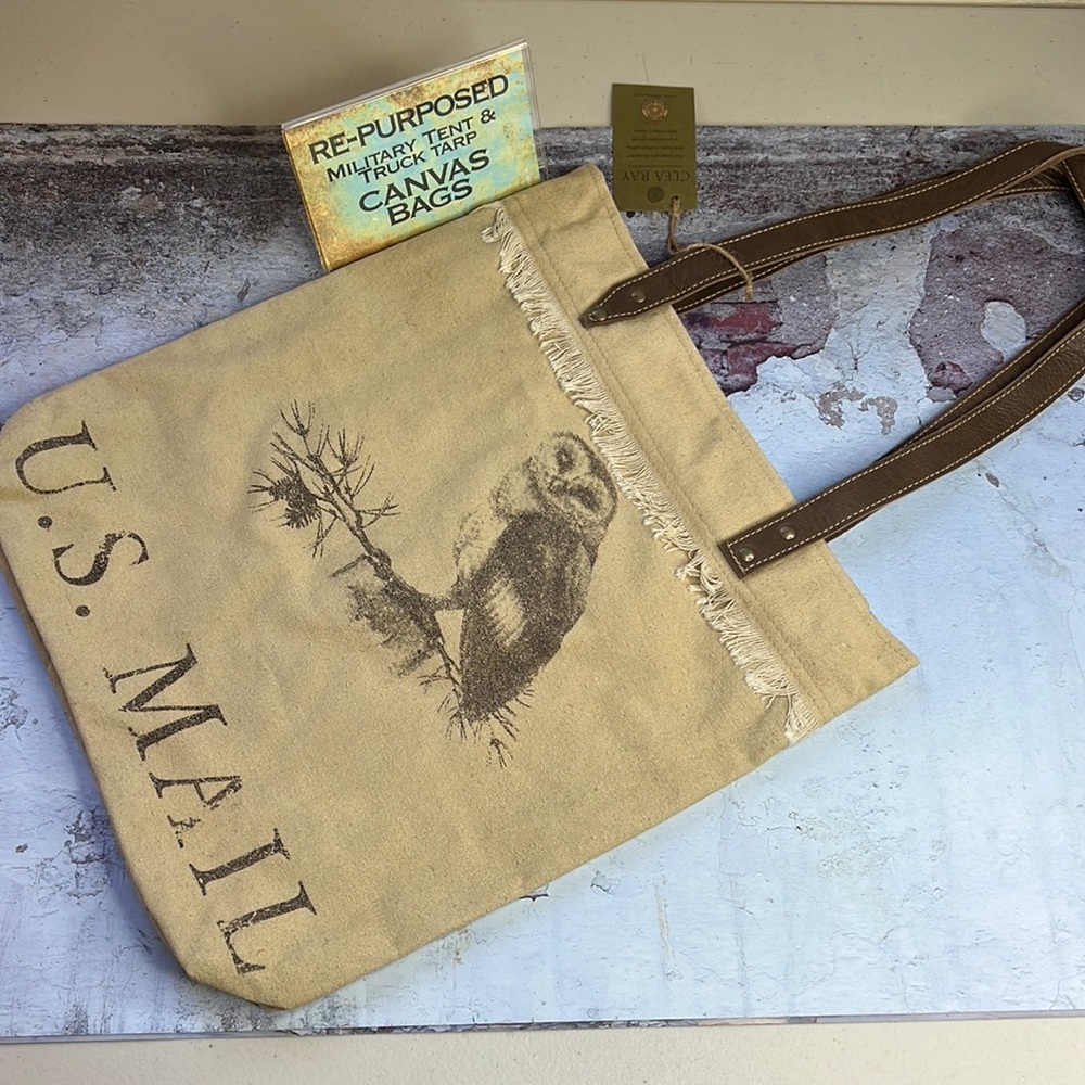 Clea Ray US Mail Owl Graphic Repurposed Canvas Tote Book Bag Leather Straps